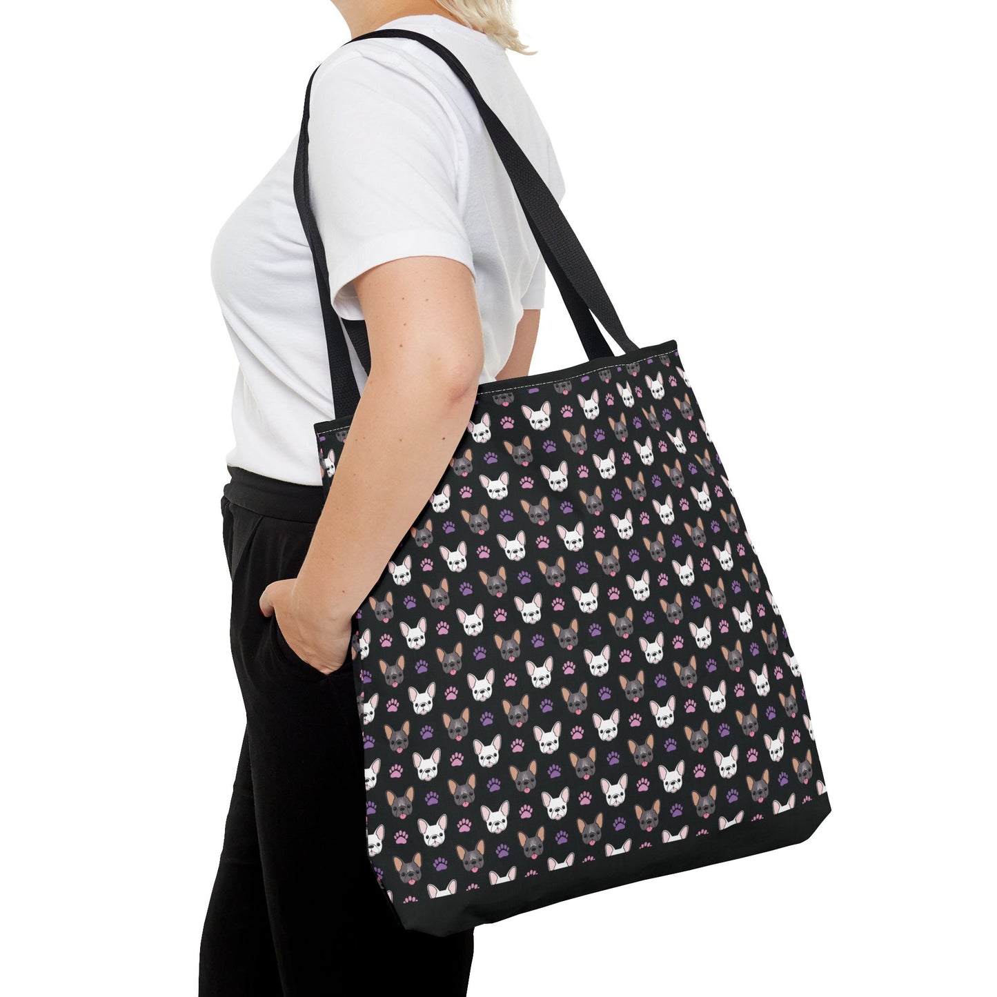 Frenchie Face and Paw Print Tote Bag - French Bulldog Lover, Dog Mom Gift, Animal Print Market Bag, Cute Puppy Shoulder Bag, Pet Owner Merch