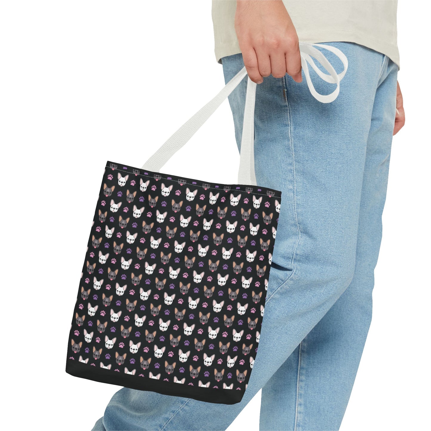 Frenchie Face and Paw Print Tote Bag - French Bulldog Lover, Dog Mom Gift, Animal Print Market Bag, Cute Puppy Shoulder Bag, Pet Owner Merch