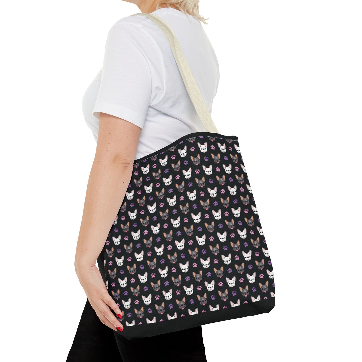 Frenchie Face and Paw Print Tote Bag - French Bulldog Lover, Dog Mom Gift, Animal Print Market Bag, Cute Puppy Shoulder Bag, Pet Owner Merch