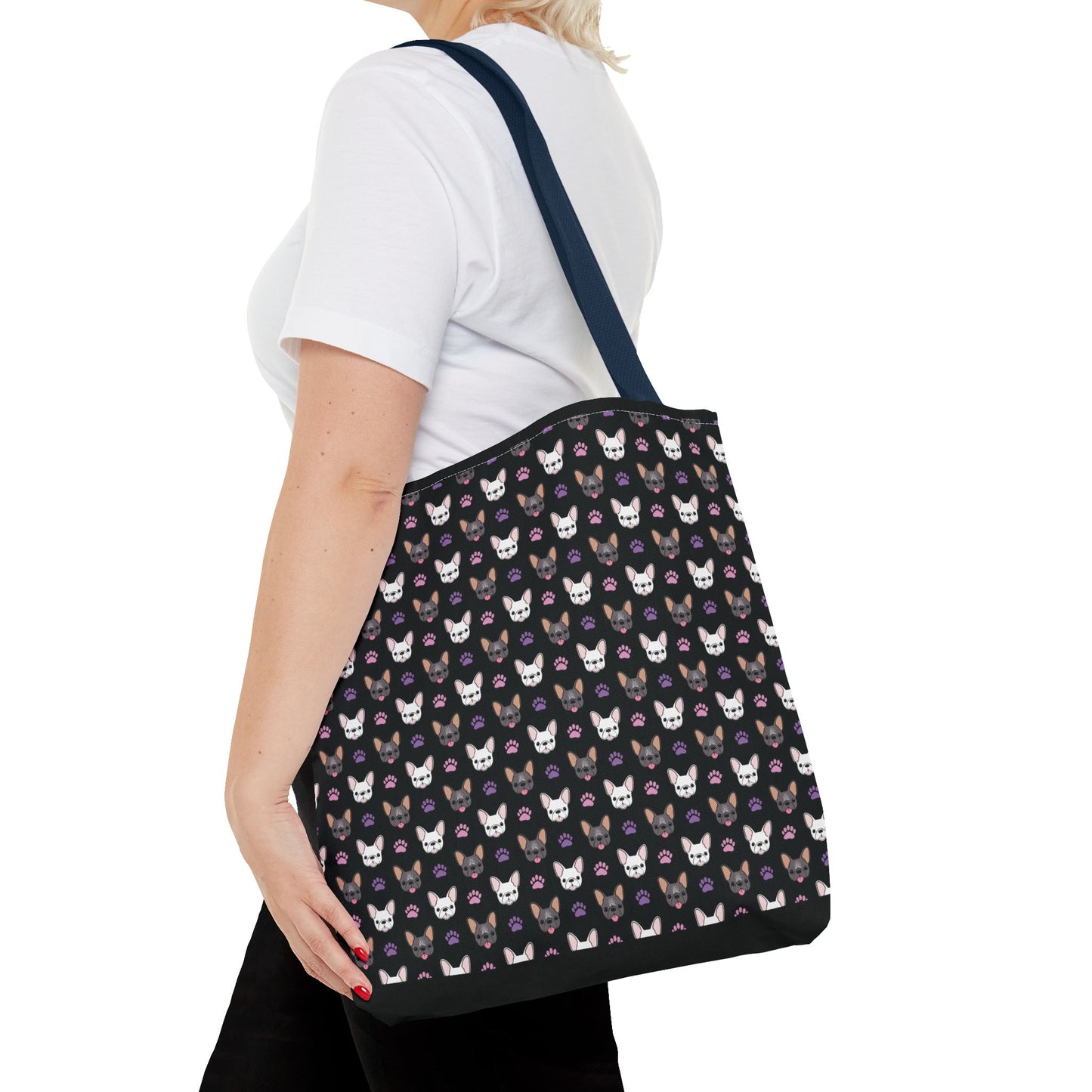 Frenchie Face and Paw Print Tote Bag - French Bulldog Lover, Dog Mom Gift, Animal Print Market Bag, Cute Puppy Shoulder Bag, Pet Owner Merch
