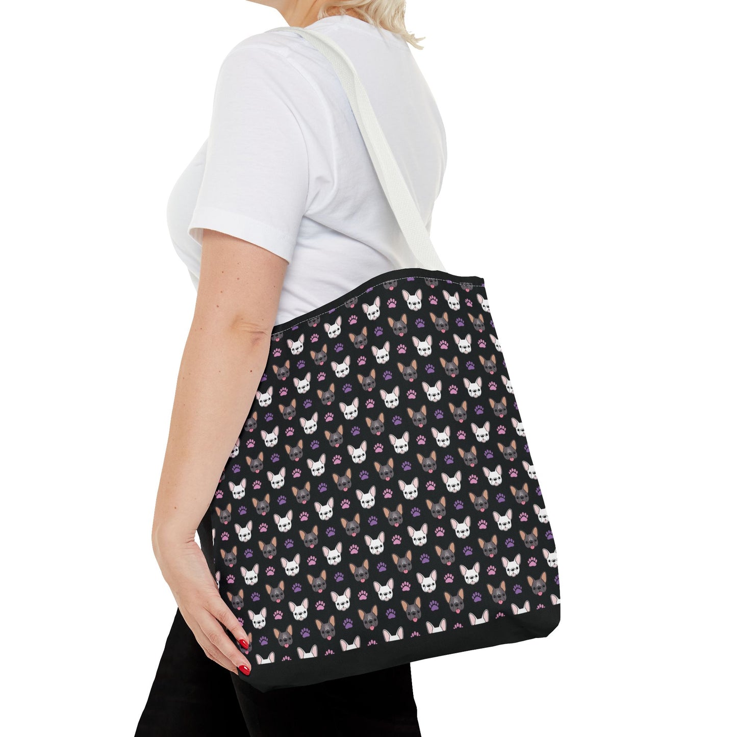 Frenchie Face and Paw Print Tote Bag - French Bulldog Lover, Dog Mom Gift, Animal Print Market Bag, Cute Puppy Shoulder Bag, Pet Owner Merch