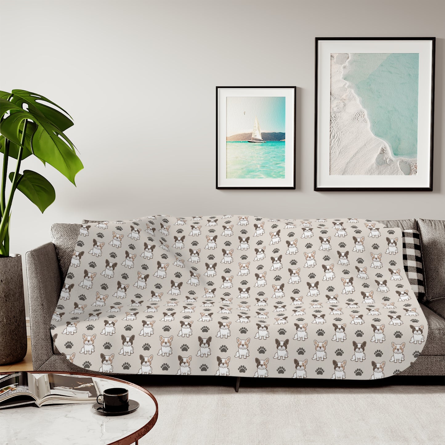 Sherpa Blanket - French Bulldog and Paw Print Design, Dog Lover Gift, Cozy Throw Blanket, Animal Print Fleece Blanket, Home Decor, Winter
