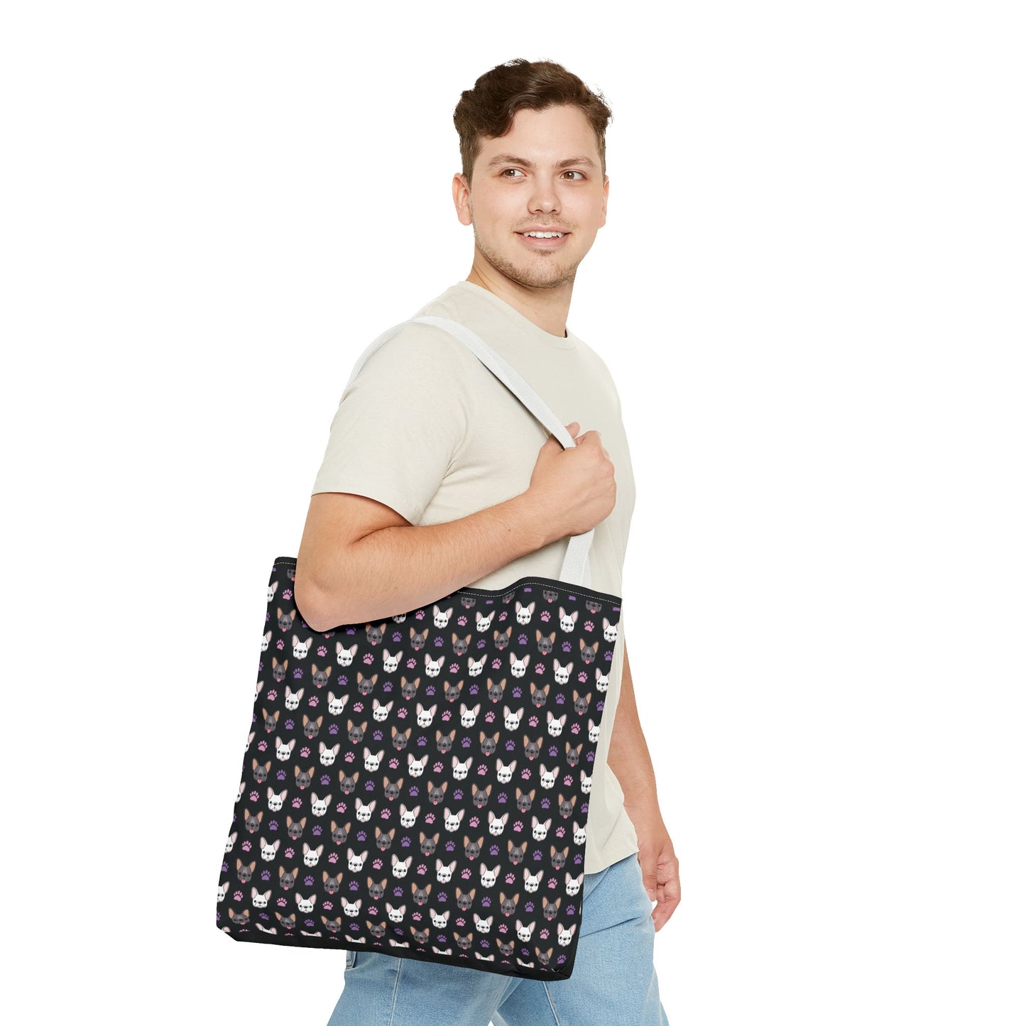 Frenchie Face and Paw Print Tote Bag - French Bulldog Lover, Dog Mom Gift, Animal Print Market Bag, Cute Puppy Shoulder Bag, Pet Owner Merch