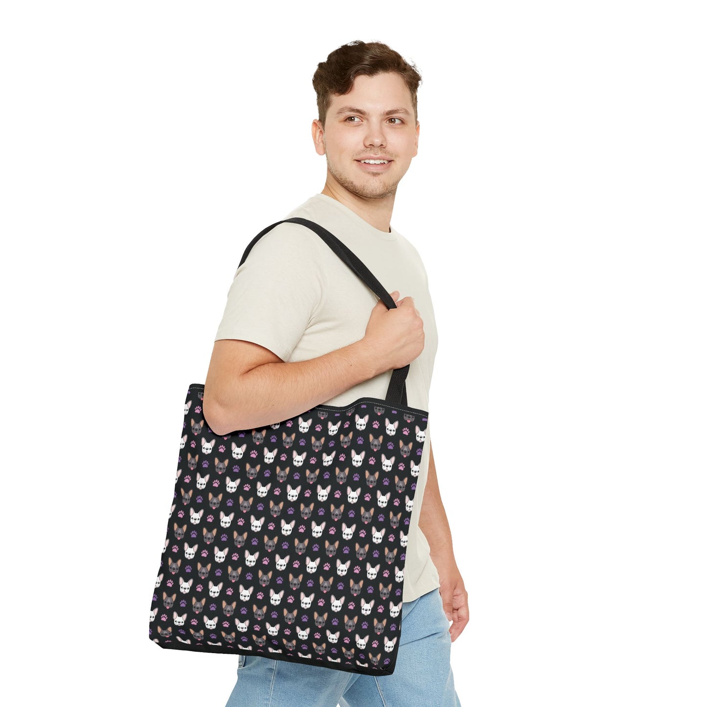 Frenchie Face and Paw Print Tote Bag - French Bulldog Lover, Dog Mom Gift, Animal Print Market Bag, Cute Puppy Shoulder Bag, Pet Owner Merch