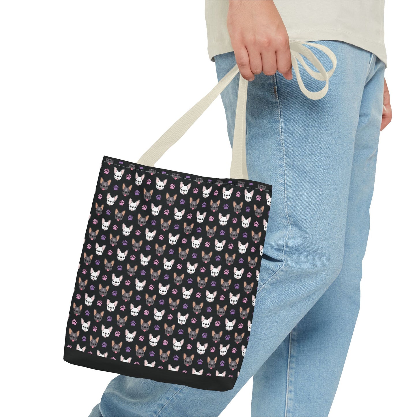 Frenchie Face and Paw Print Tote Bag - French Bulldog Lover, Dog Mom Gift, Animal Print Market Bag, Cute Puppy Shoulder Bag, Pet Owner Merch