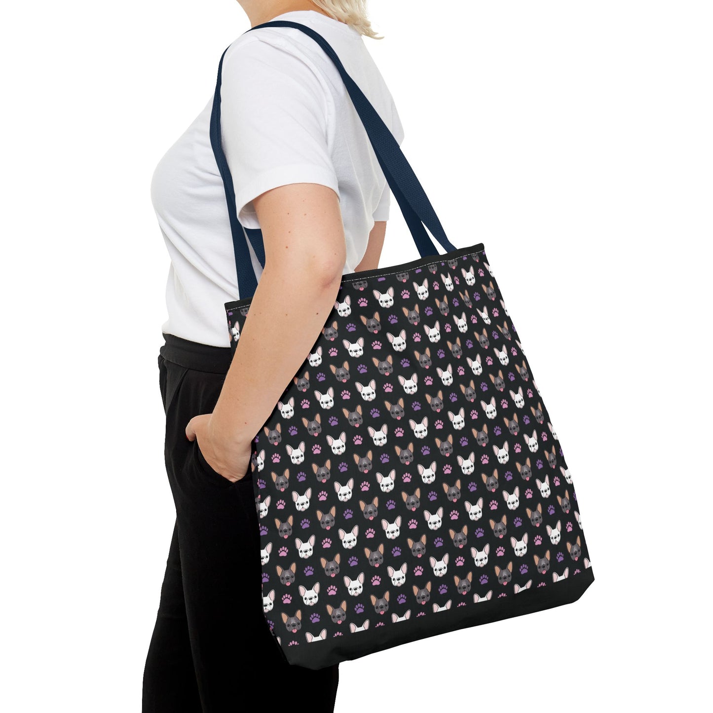 Frenchie Face and Paw Print Tote Bag - French Bulldog Lover, Dog Mom Gift, Animal Print Market Bag, Cute Puppy Shoulder Bag, Pet Owner Merch