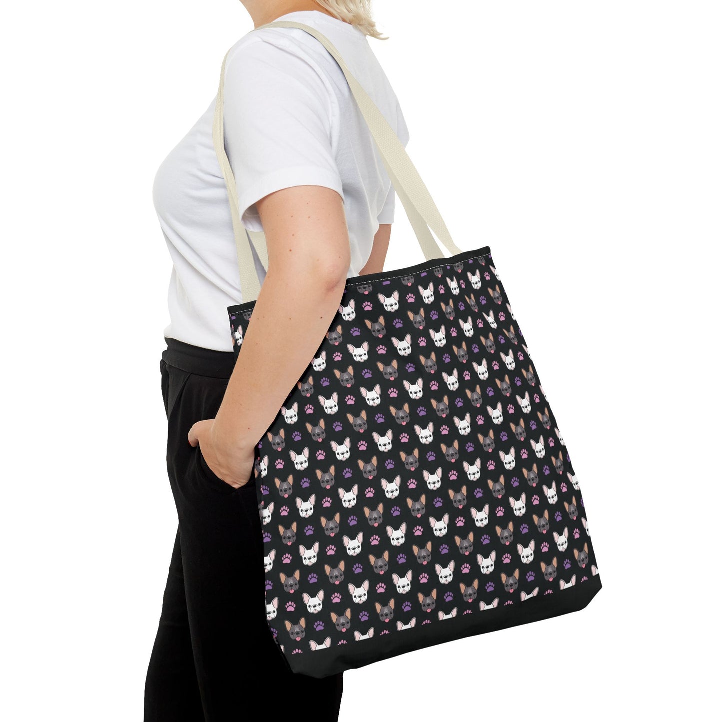 Frenchie Face and Paw Print Tote Bag - French Bulldog Lover, Dog Mom Gift, Animal Print Market Bag, Cute Puppy Shoulder Bag, Pet Owner Merch