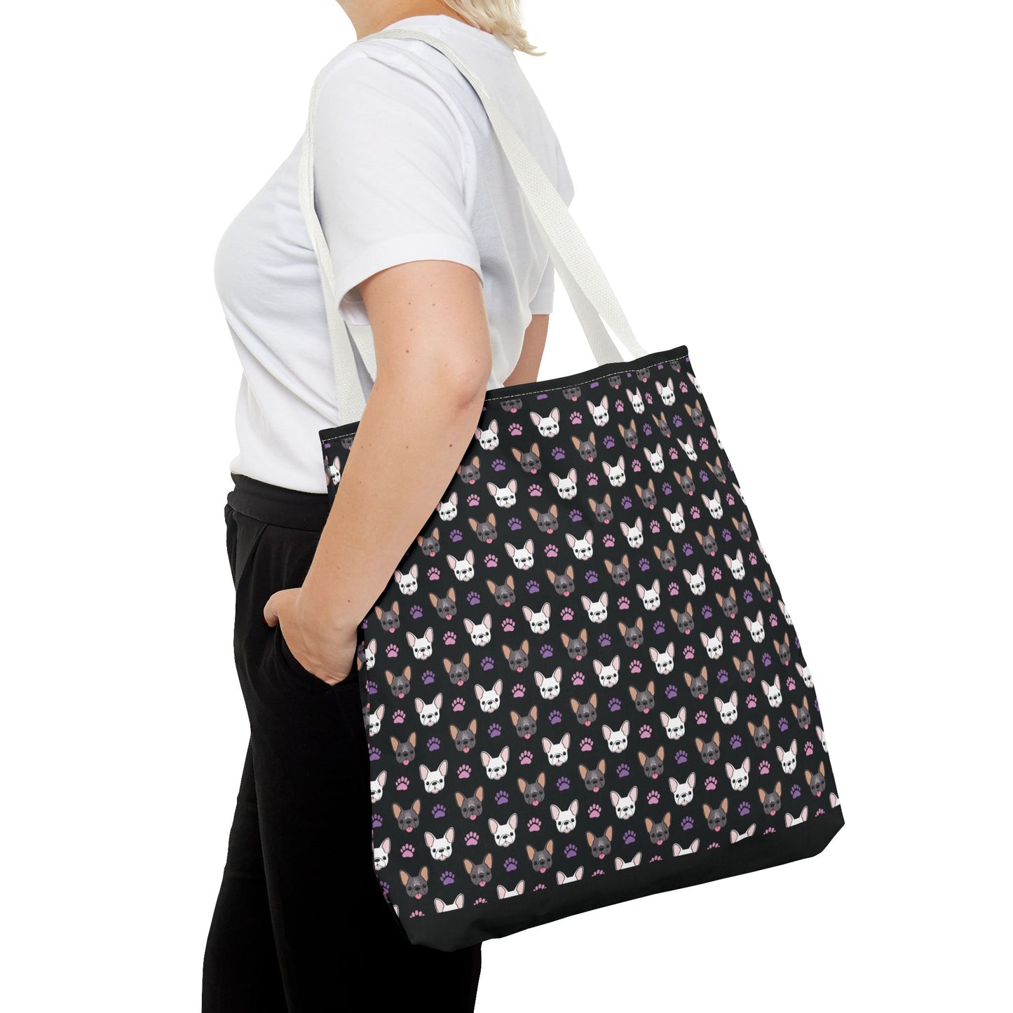 Frenchie Face and Paw Print Tote Bag - French Bulldog Lover, Dog Mom Gift, Animal Print Market Bag, Cute Puppy Shoulder Bag, Pet Owner Merch