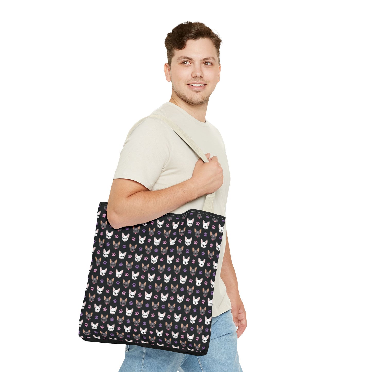 Frenchie Face and Paw Print Tote Bag - French Bulldog Lover, Dog Mom Gift, Animal Print Market Bag, Cute Puppy Shoulder Bag, Pet Owner Merch