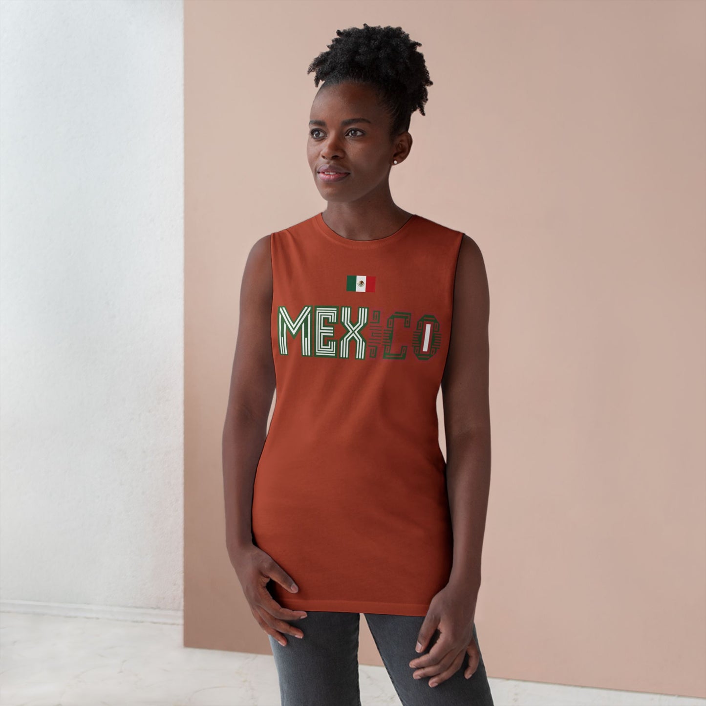 Mexico Flag Tank Top — Retro Mexico Text & Aztec Sun Back Graphic