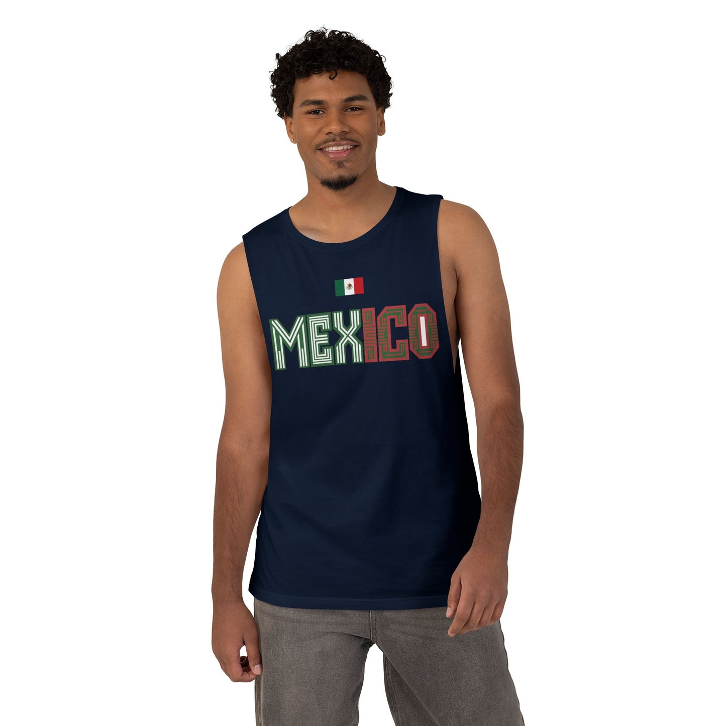 Mexico Flag Tank Top — Retro Mexico Text & Aztec Sun Back Graphic