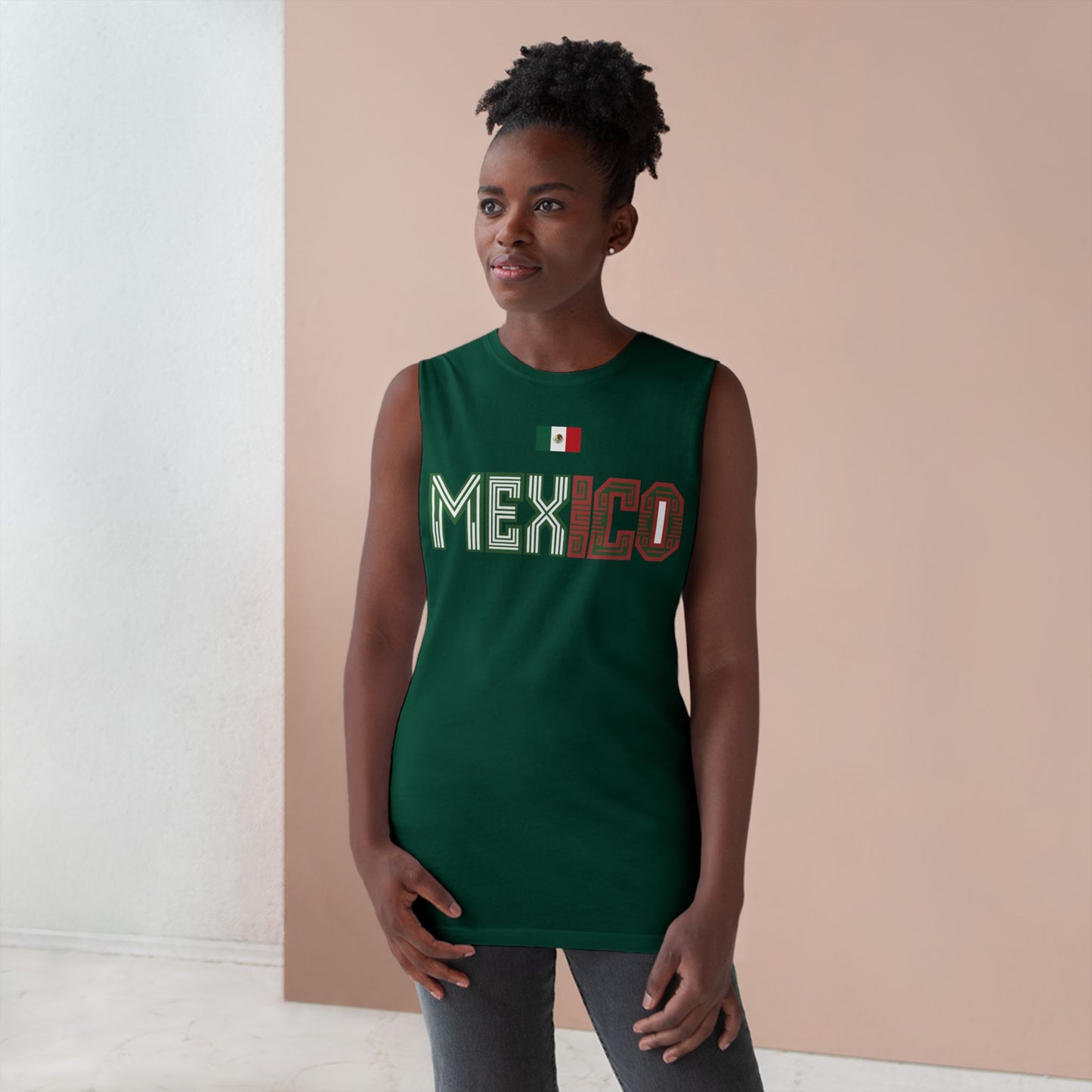 Mexico Flag Tank Top — Retro Mexico Text & Aztec Sun Back Graphic