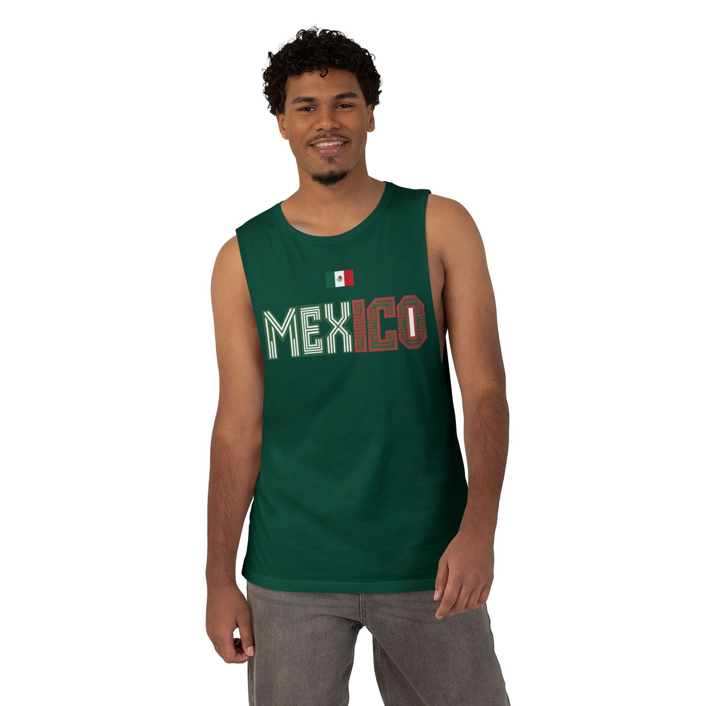Mexico Flag Tank Top — Retro Mexico Text & Aztec Sun Back Graphic