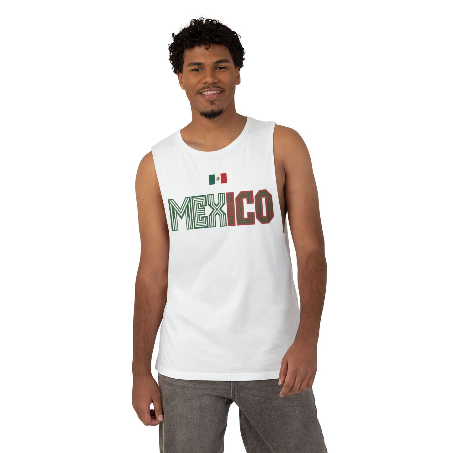 Mexico Flag Tank Top — Retro Mexico Text & Aztec Sun Back Graphic
