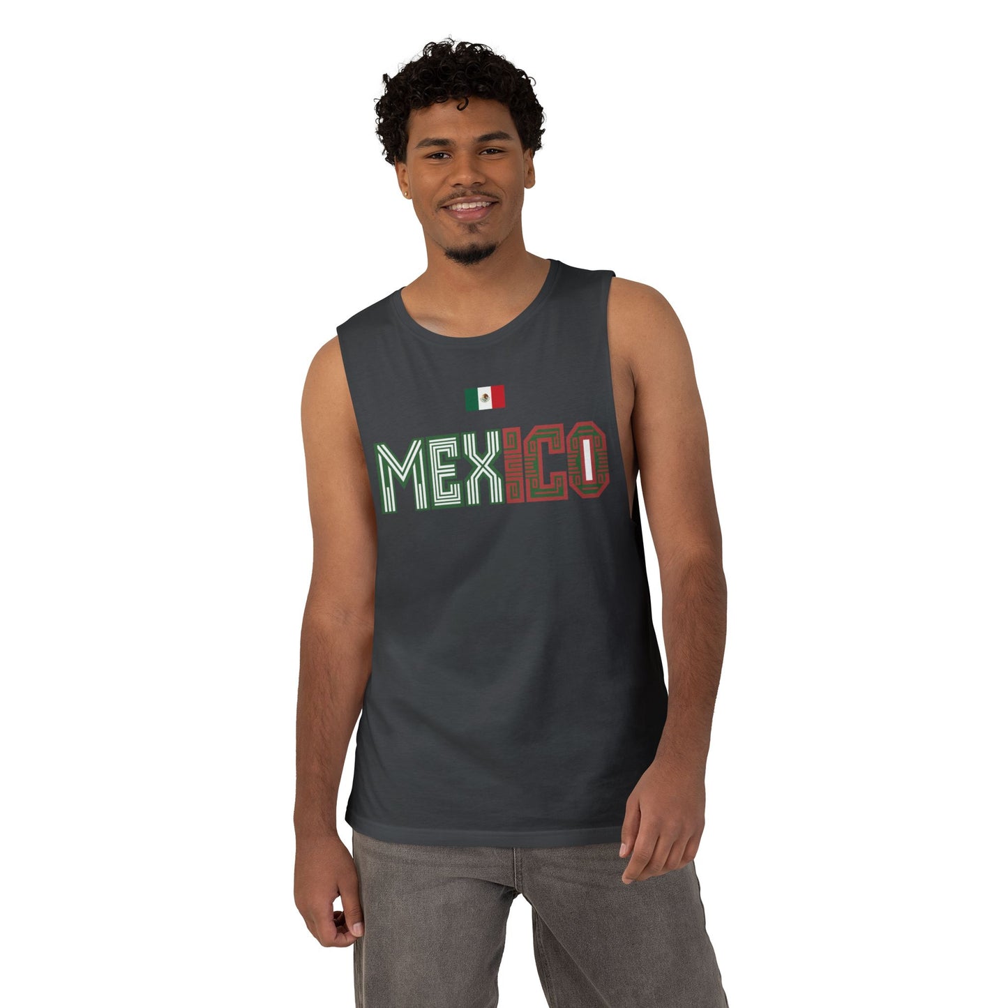 Mexico Flag Tank Top — Retro Mexico Text & Aztec Sun Back Graphic