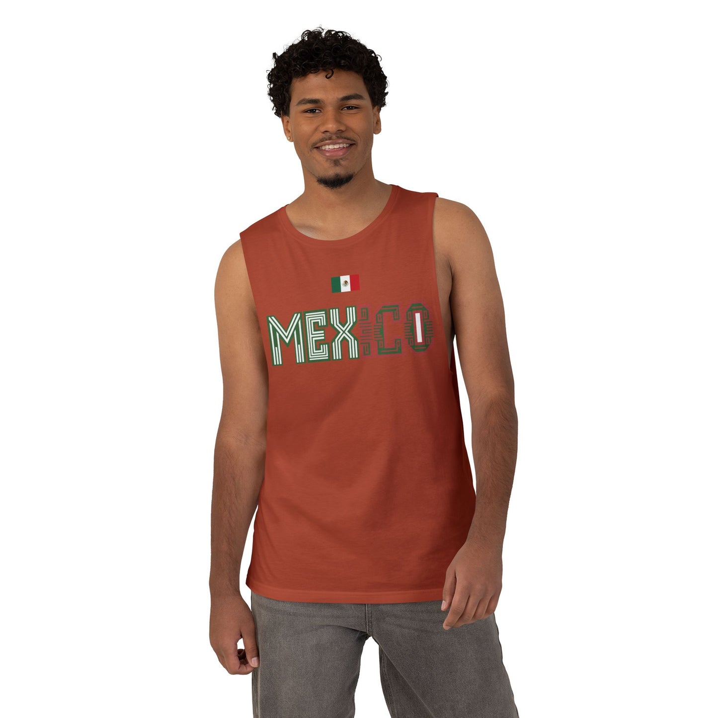 Mexico Flag Tank Top — Retro Mexico Text & Aztec Sun Back Graphic