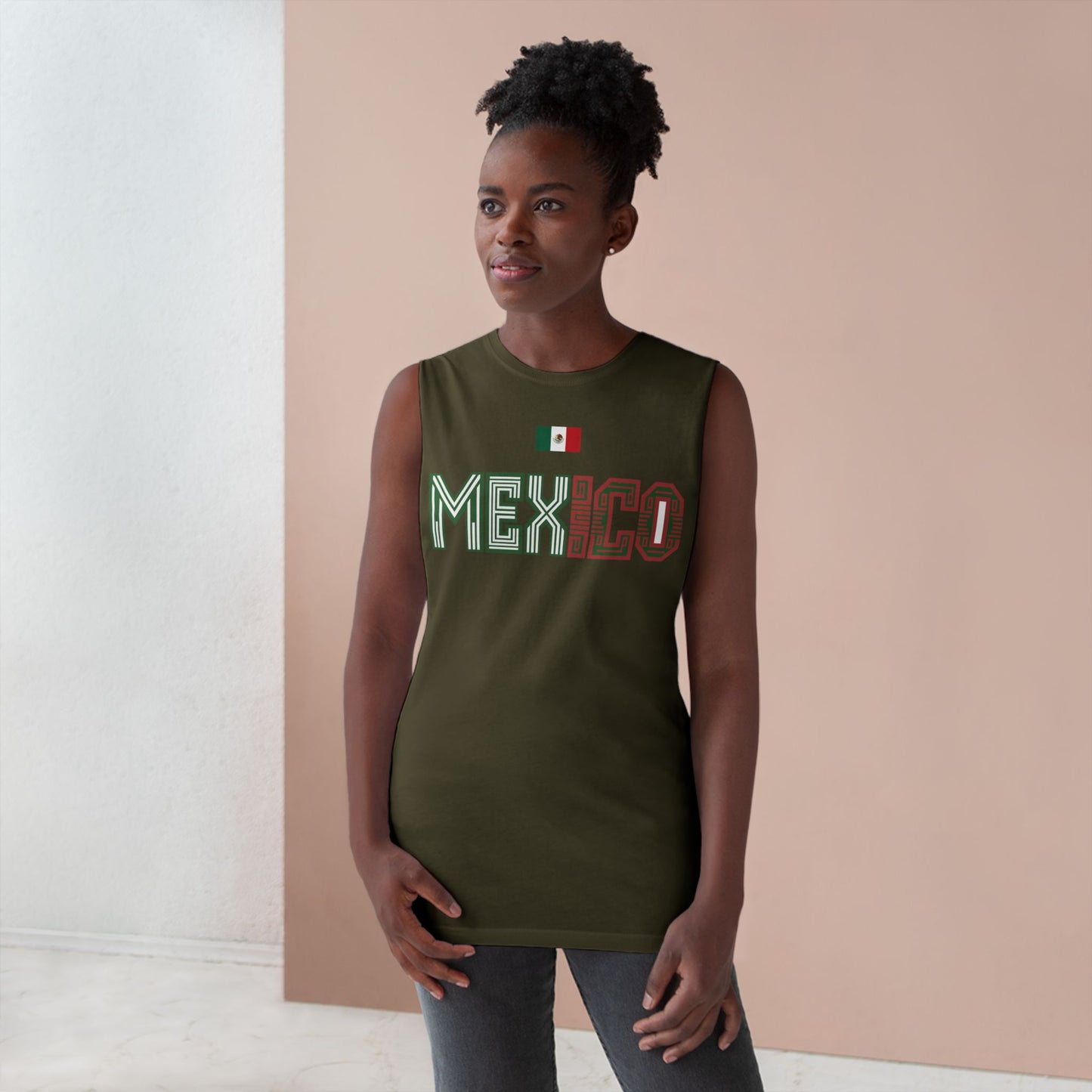 Mexico Flag Tank Top — Retro Mexico Text & Aztec Sun Back Graphic