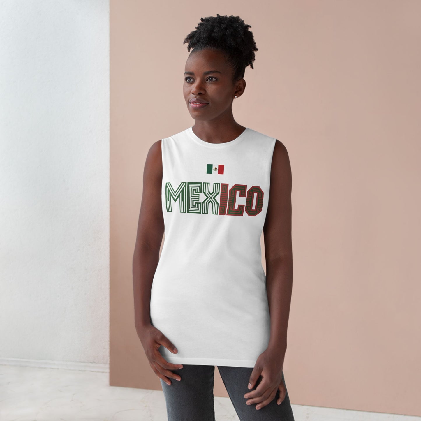 Mexico Flag Tank Top — Retro Mexico Text & Aztec Sun Back Graphic
