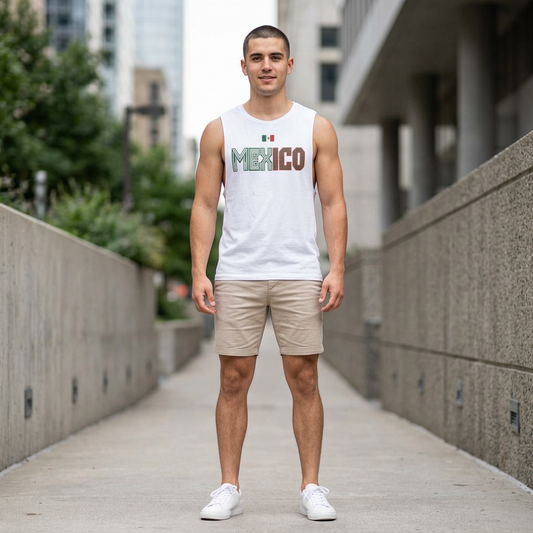 Mexico Flag Tank Top — Retro Mexico Text & Aztec Sun Back Graphic