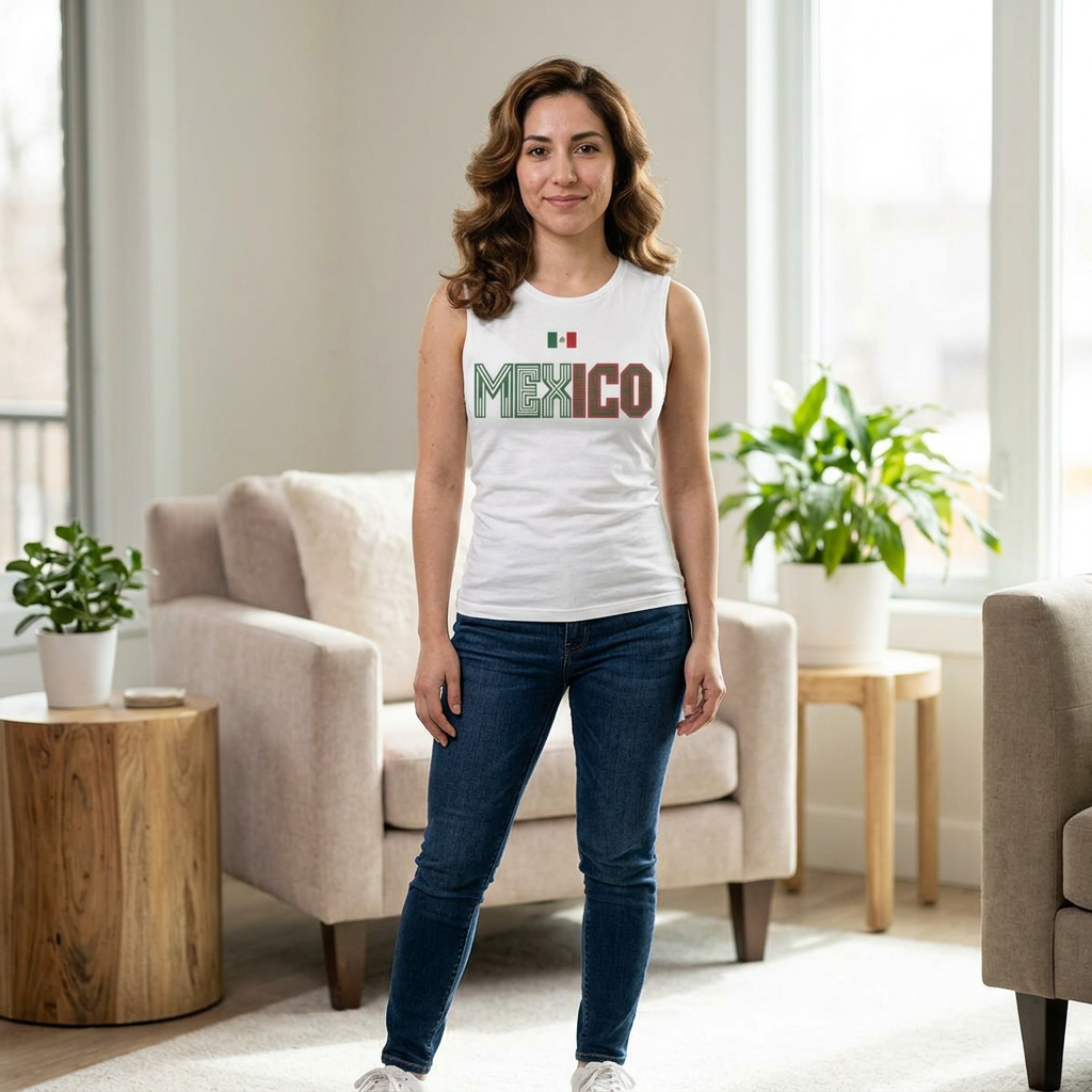 Mexico Flag Tank Top — Retro Mexico Text & Aztec Sun Back Graphic