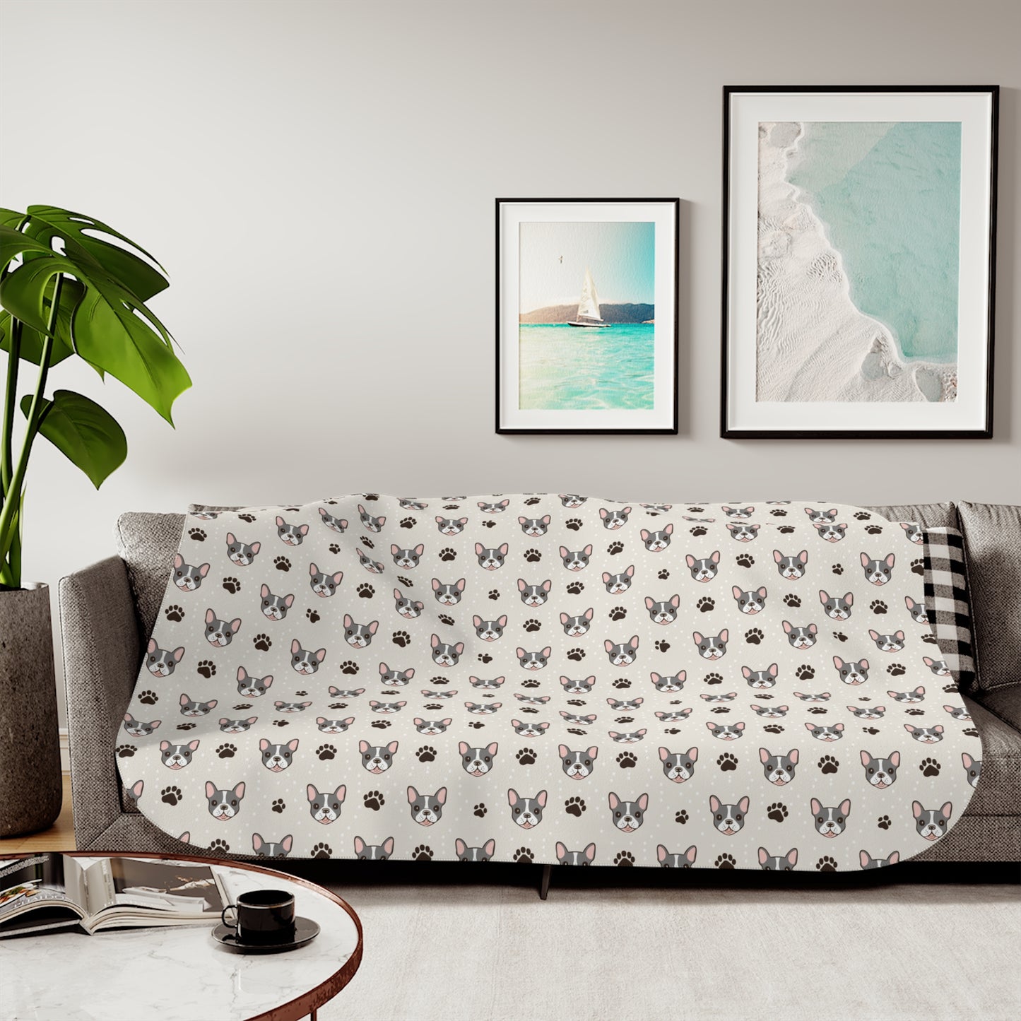Sherpa Blanket, French Bulldog Design - Cozy Two-Tone Throw with Cute Paw Prints, Frenchie Lover Gift, Soft Plush Bedding, Animal Print