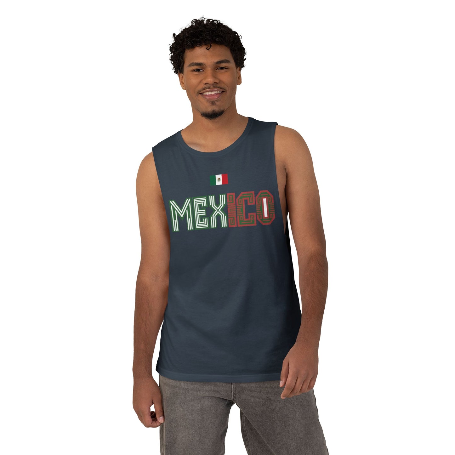 Mexico Flag Tank Top — Retro Mexico Text & Aztec Sun Back Graphic