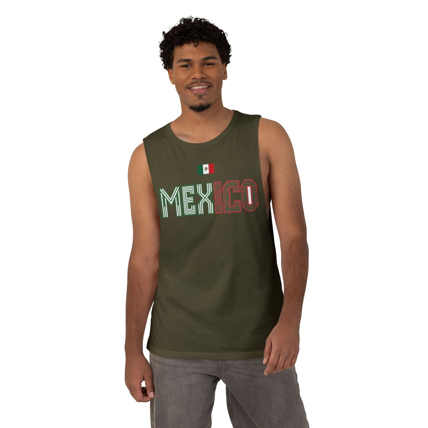 Mexico Flag Tank Top — Retro Mexico Text & Aztec Sun Back Graphic