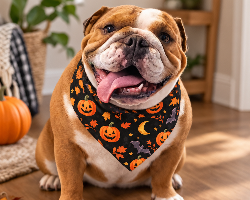 Bulldog wearing the Halloween pumpkin patch bandana, sitting on a wood floor next to a pumpkin